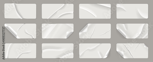 Crumpled sticker. Wrinkled paper labels with adhesive tape, old vintage glued rectangle memo notes with peel corners, realistic sticky tag mockup design. Vector stickers set