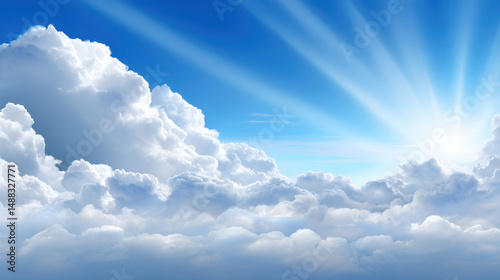 Wallpaper Mural Bright sunlight streaming through fluffy white cumulus clouds creating a heavenly and inspirational scene against a vibrant blue sky on a beautiful summer day. Torontodigital.ca