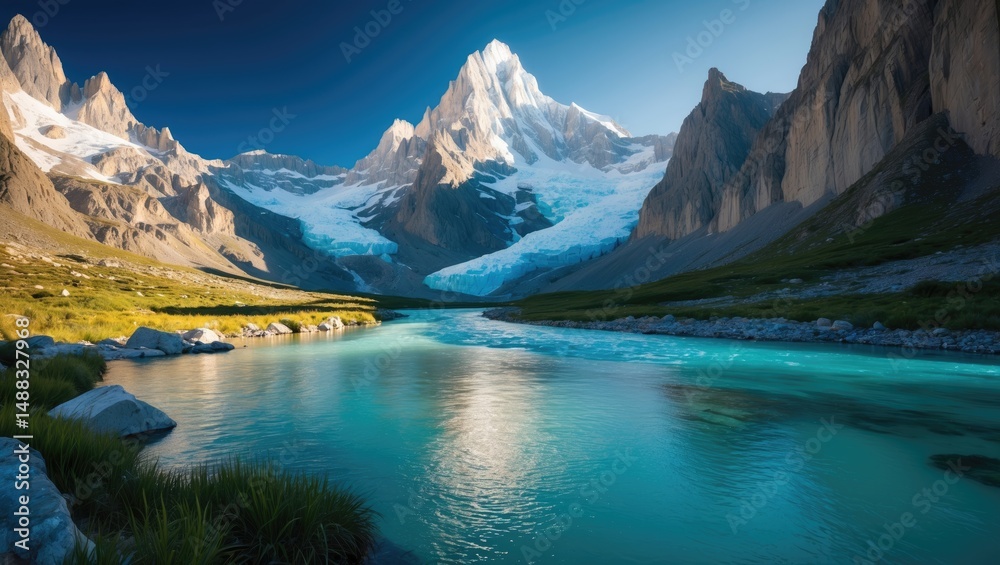 Fototapeta premium Sturdy mountains and the azure water flow from thawed glaciers.