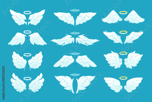 Cartoon angel wing. Cute halo winged symbol with halo nimbus, fantasy saint elements for greeting card or poster design. Vector holy wings isolated set