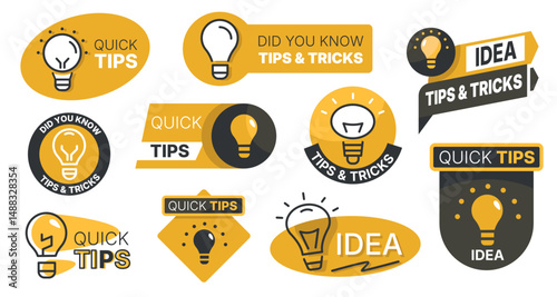 Light bulb badge. Quick tip and did you know badges, creative idea and knowledge labels with light bulbs, interesting trivia questions and fun facts. Vector isolated set