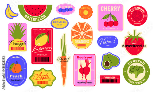 Food fruit label. Cartoon stickers with organic tropical berry apple banana cherry citrus, fresh natural badges with fruits and berries for supermarket. Vector market stickers set