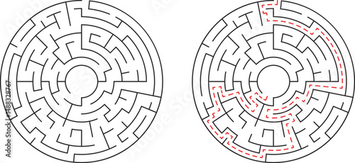 A challenging black and white circular maze with solution path highlighted in red