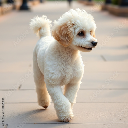 Cute white dog walking indoors during daylight in a bright and cheerful setting
