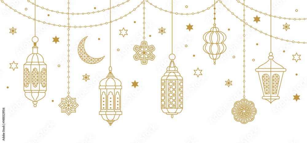 Islamic lantern banner. Ramadan golden decorative lanterns, horizontal traditional Arabic lamps for Ramadan Kareem holiday celebration, Islamic religion festival. Vector background Islamic lantern banner. Ramadan golden decorative lanterns, horizontal traditional Arabic lamps for Ramadan Kareem holiday celebration, Islamic religion festival. Vector background
