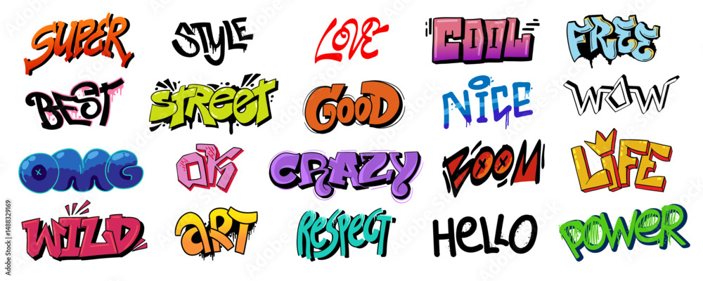 Fototapeta premium Street art graffiti. Urban wall spray painting, cool hip hop culture ink blots and scribbles, funky colorful teenage graffiti font and calligraphy street art elements. Vector set
