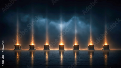 Revelation vision scene: seven golden lampstands, stars falling, the Lamb of God glowing on a throne, thunderclouds and fire, apocalyptic.