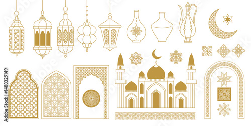 Arabic line element. Ornamental Islamic geometric frames and borders with traditional arabesque motif. Abstract oriental decorative Islam art vector set