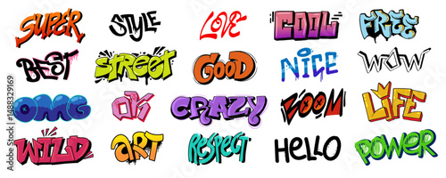 Street art graffiti. Urban wall spray painting, cool hip hop culture ink blots and scribbles, funky colorful teenage graffiti font and calligraphy street art elements. Vector set