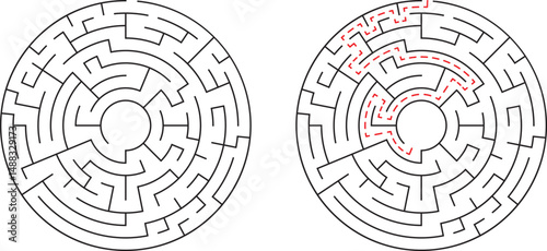 Circular maze puzzle with red path highlighting the solution and complete success