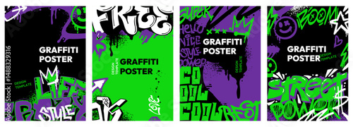 Street art poster. Graffiti backgrounds with colorful ink spray splashes and grunge tags, cool urban street wall painting banner for rap hip hop cover design. Vector graffiti set