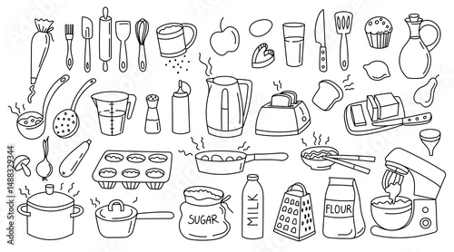 Doodle cooking icons. Kitchen line utensils sketch, hand drawn outline pot pan spatula knife fork rolling pin cutting board kitchen tools. Vector cook isolated set
