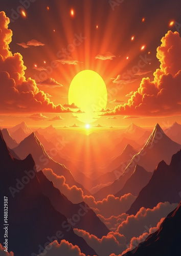 Fantasy sunset, Serene horizon, Radiant sky, Warm light,