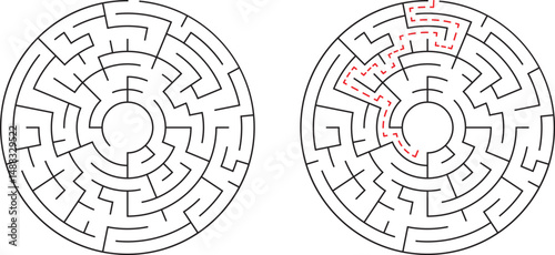 Conceptual image depicting a circular maze with the solution path highlighted in red color