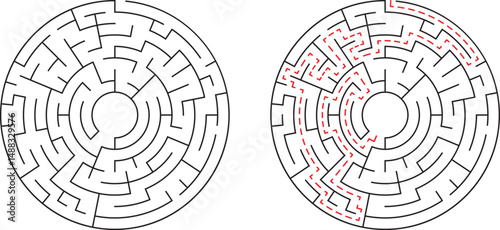Circular maze with solution illustrated shows path to find and achieve success.