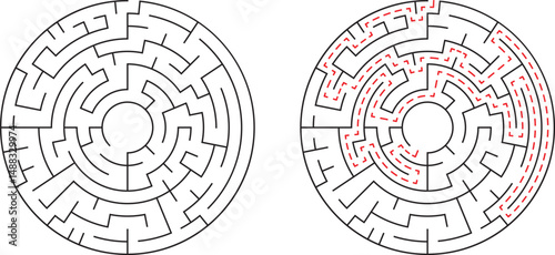 Circular maze design with solved path represented in dashed red lines for problem solving concepts