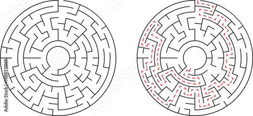 Circular maze with solution path demonstrating problem solving and analytical thinking