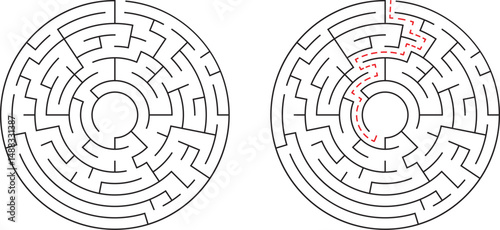 Circular maze illustration with solution path depicting problem solving and strategy