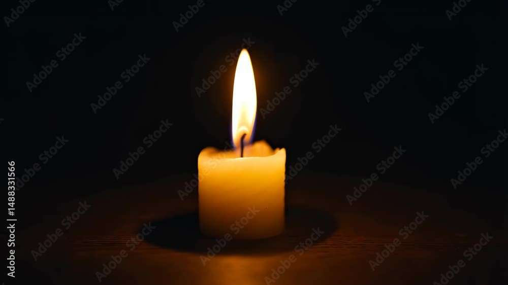 Single candle flame burning brightly on wooden surface against dark background in a tranquil and peaceful setting Single candle flame burning brightly on wooden surface against dark background in a tranquil and peaceful setting