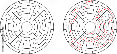 Circular maze illustration with solution path showing guidance and problem solving strategy