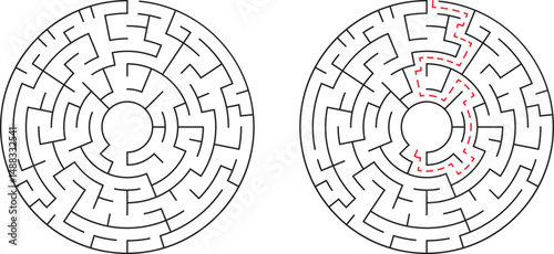 Complex circular maze puzzle presenting a challenging path with solution strategy
