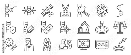 CRISPR gene editing icon set. It includes genetic, DNA, biotech, research, science, and more icons. Editable Vector Stroke.
