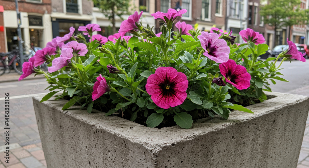 Fototapeta premium Street Flowers: Pink Petunias in Amsterdam Concrete Planter, Photo