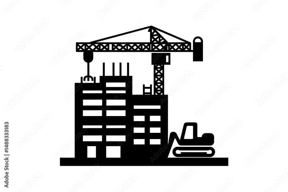 Obraz premium Silhouette of a Construction Site with Crane and Bulldozer Equipment Against a White Background