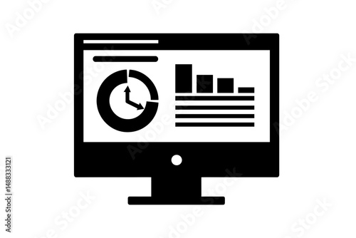 Minimalist Black and White Computer Screen Displaying Business Analytics and Data Visualizations