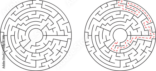Circular maze puzzle with solution path illustrated in red color for problem solving