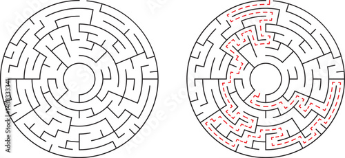 Complex circular maze with solution path demonstrating problem solving and strategy