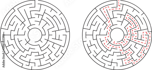 Two circular mazes one with a solution highlighted demonstrating path finding strategy