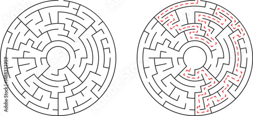 Challenging circular maze illustration featuring both the unsolved problem and solution path