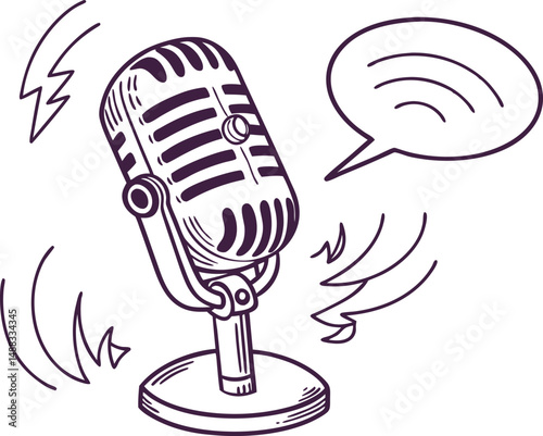 "Vector icon of a podcast microphone with sound waves and speech bubble elements"

