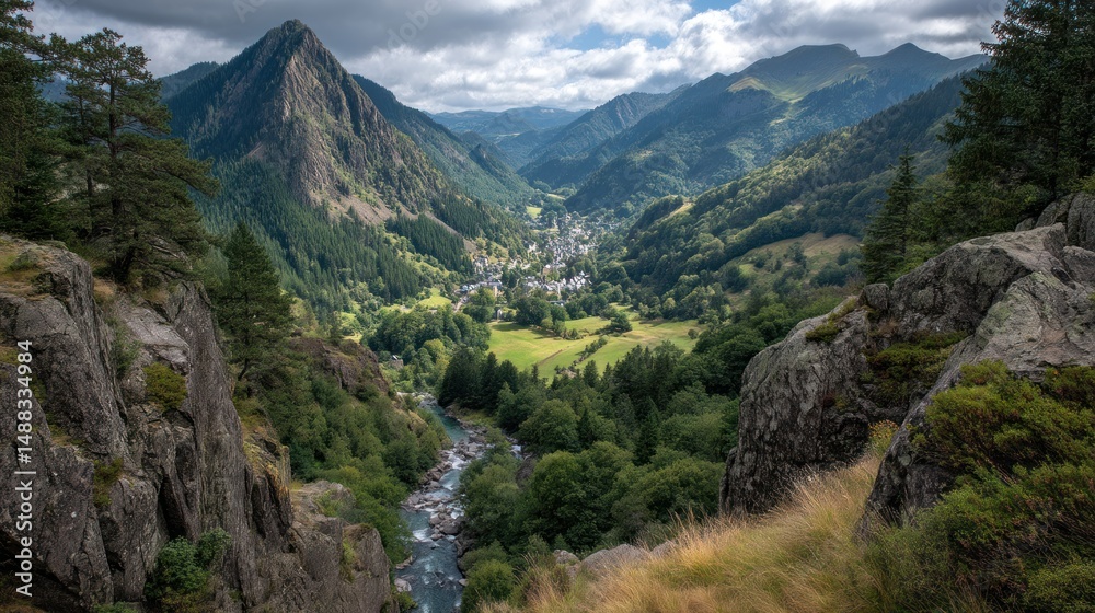 Fototapeta premium Mountain valley with a river and village surrounded by trees under cloudy sky.