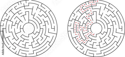 Circular maze illustration with and without a solved path representing problem solving