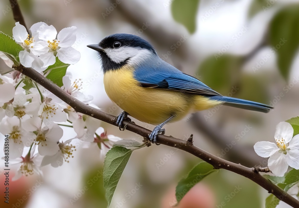 Fototapeta premium Blue Tit Perched on a Blossom Branch