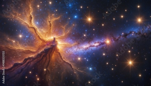 Vibrant nebula and stars in a space background, exploding supernova stars, and far-off galaxies, showcasing an incredibly colorful cosmos in a captivating, luminous universe of deep space