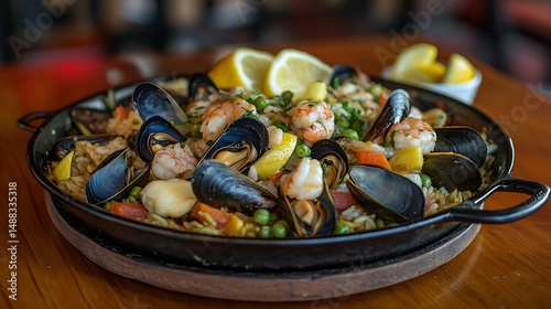Paella with Seafood and Lemon Wedges