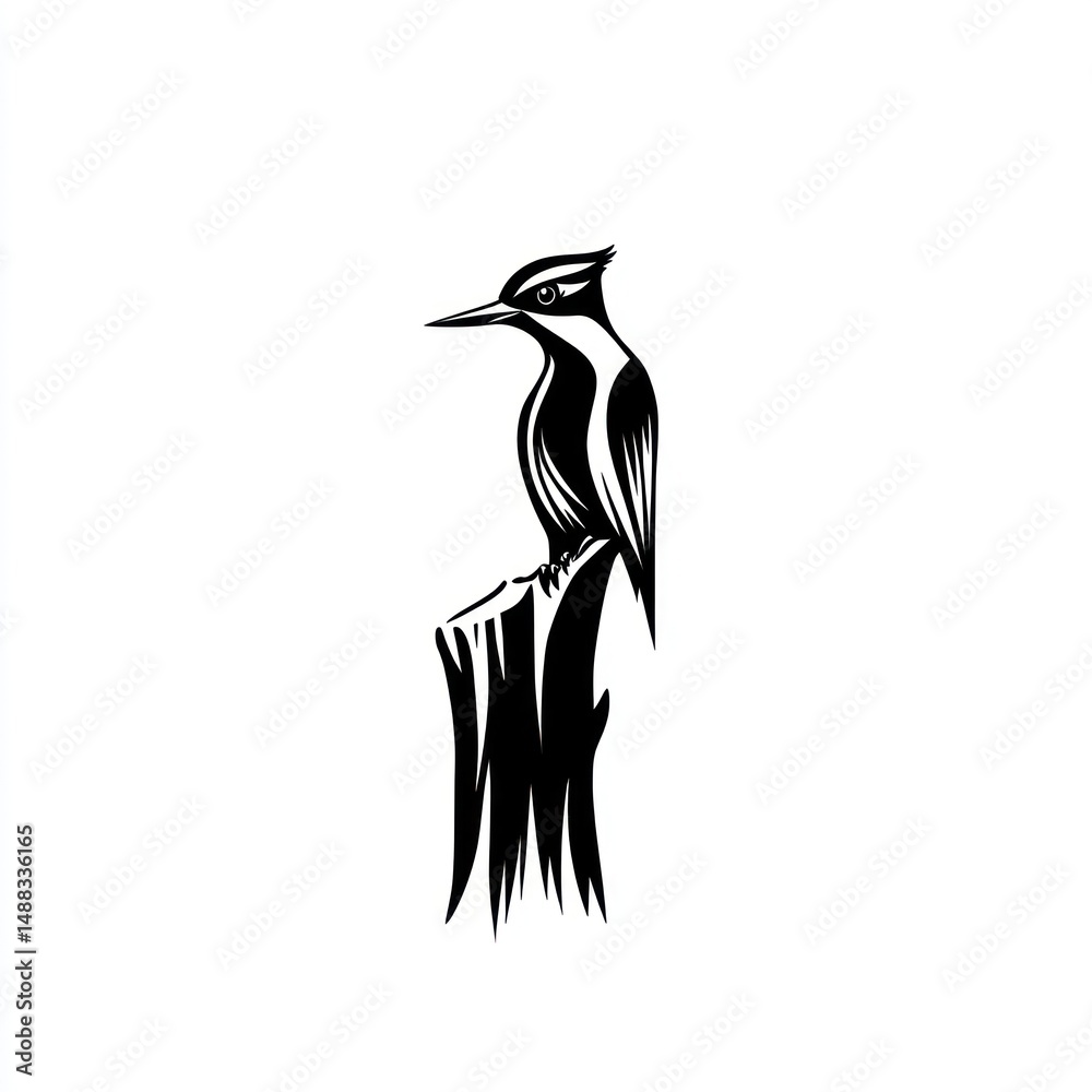 Obraz premium Woodpecker perched on tree stump, nature, wildlife, graphic art, design element
