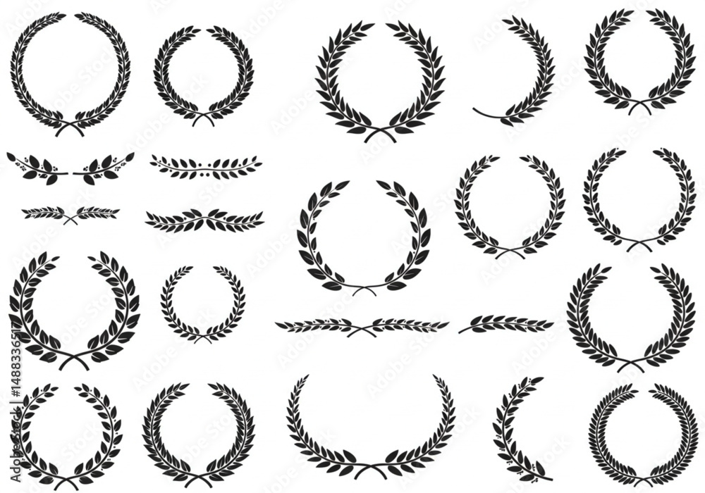 Variety of Ornamental Floral Wreaths and Dividers Featuring Botanical Elements in Vintage Illustration Style for Decorative and Festive Concepts