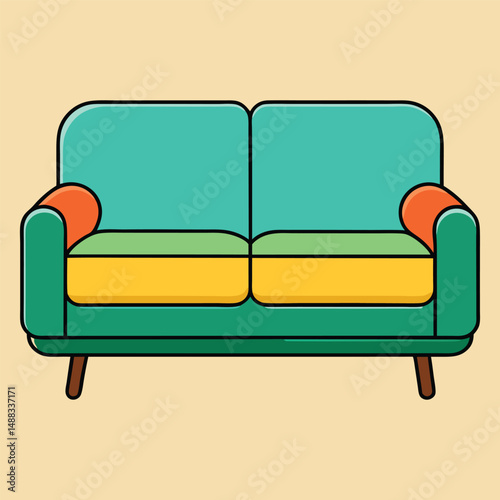 A simple drawing of a couch with two cushions and rounded armrests and short legs is displayed here 