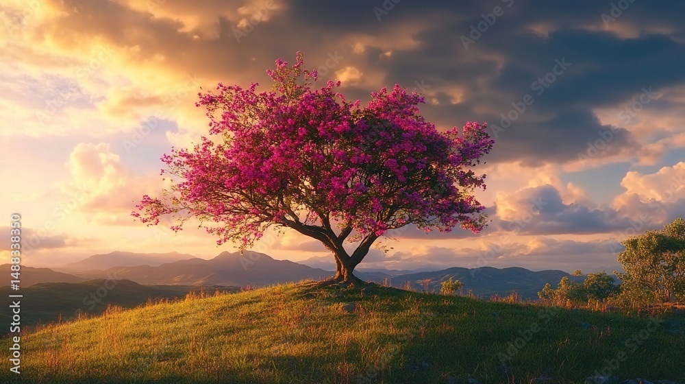 Fototapeta premium A solitary tree with pink blossoms on a grassy hill at sunset