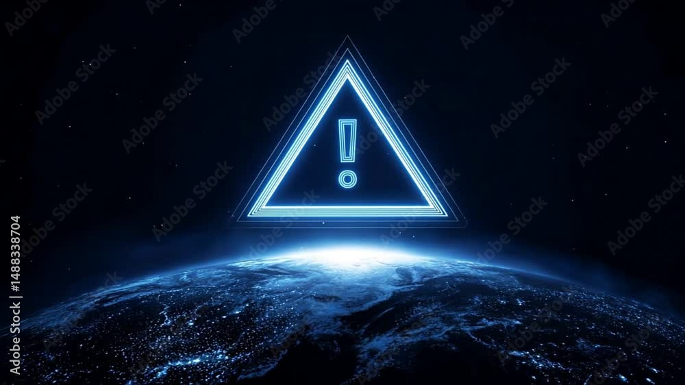Blue holographic triangle warning sign with exclamation mark floating ...
