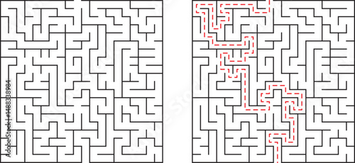 Maze solution concept showing the path to solve the complex problem presented in grid format