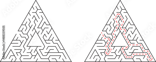 Triangular maze illustration with path marked indicating a solution for puzzle or game
