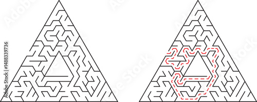 Triangular maze with inner triangle and solved path showing solution through challenging puzzle