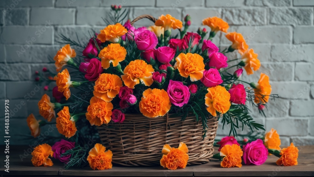 custom made wallpaper toronto digitalBright and lovely orange and white carnations in full blossom, arranged in a wicker basket, showcasing natural beauty and floral elegance.
