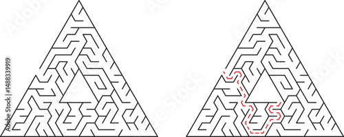 Complex triangular maze puzzle with solution path in black and white vector illustration