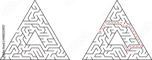 Triangle maze with solution path demonstrating problem solving and strategic planning